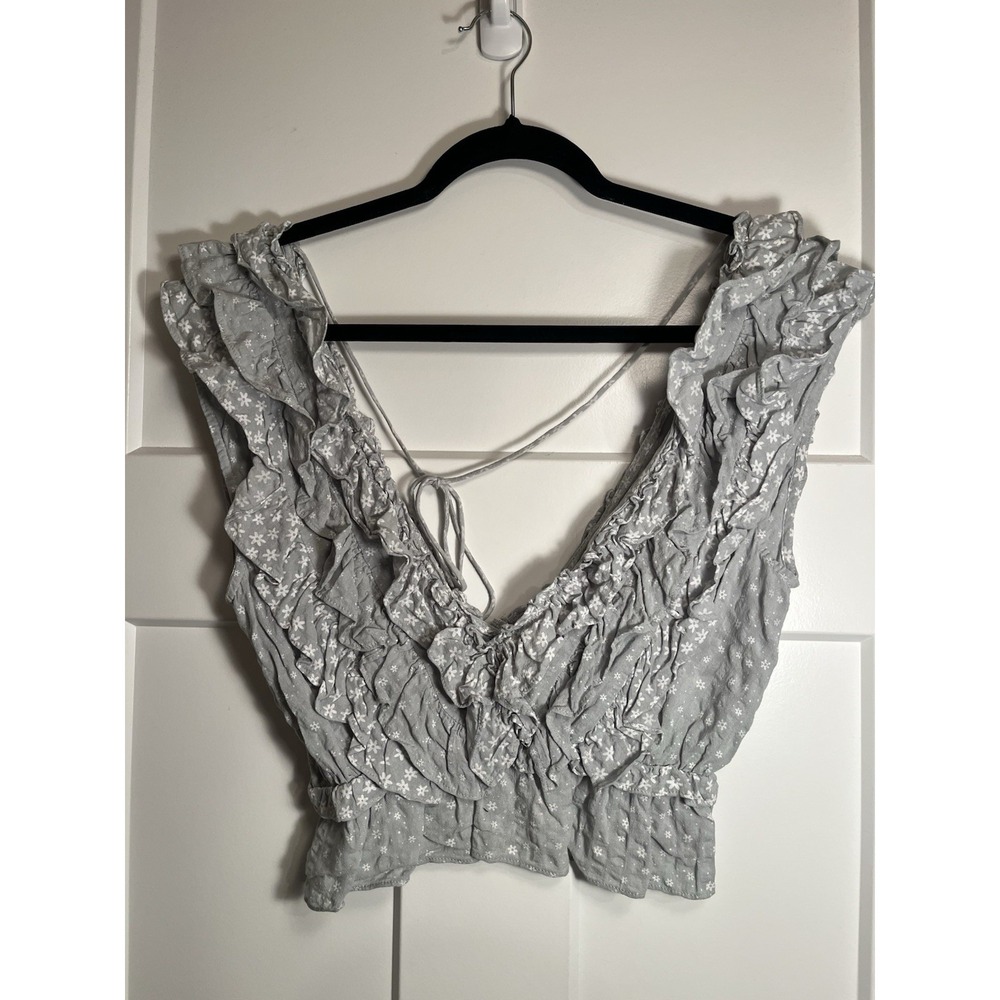 STORIA Sage Gray Floral Ruffle Crop Top M Plunge V Neck Tie Back BT1386